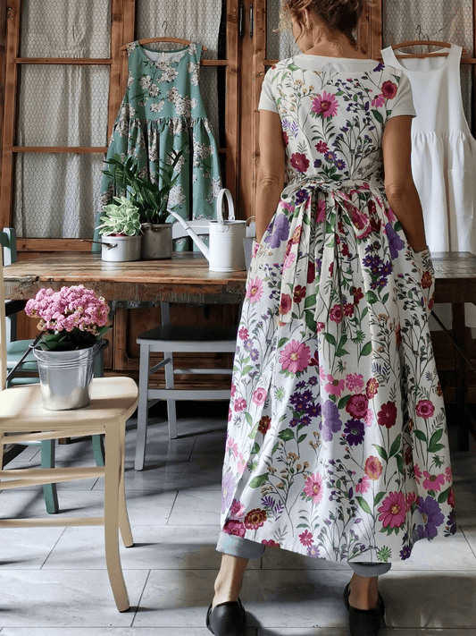 Vintage White Base Colorful Floral Print Long Apron & Dress (2-in-1)