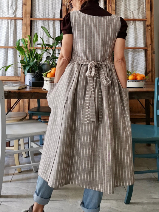 Vintage Light Brown Thin Vertical Stripe Long Apron & Dress (2-in-1)
