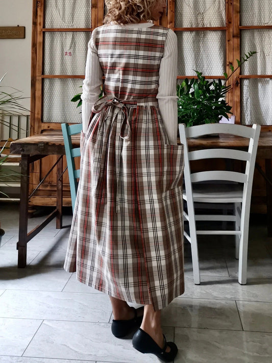 Vintage Brown-Tone Plaid Long Apron & Dress (2-in-1) with Red Stripes & Large Pockets