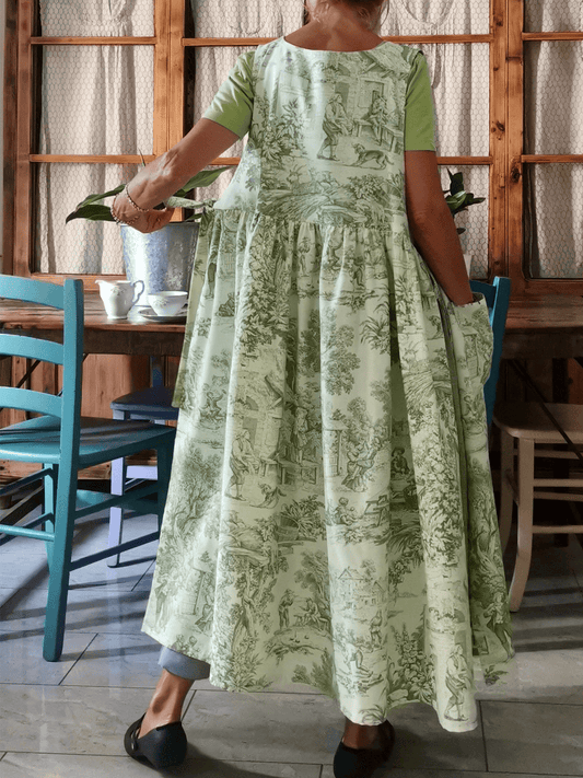 Vintage Light Green Base Pastoral Figure & Plant Print Long Apron & Dress (2-in-1)