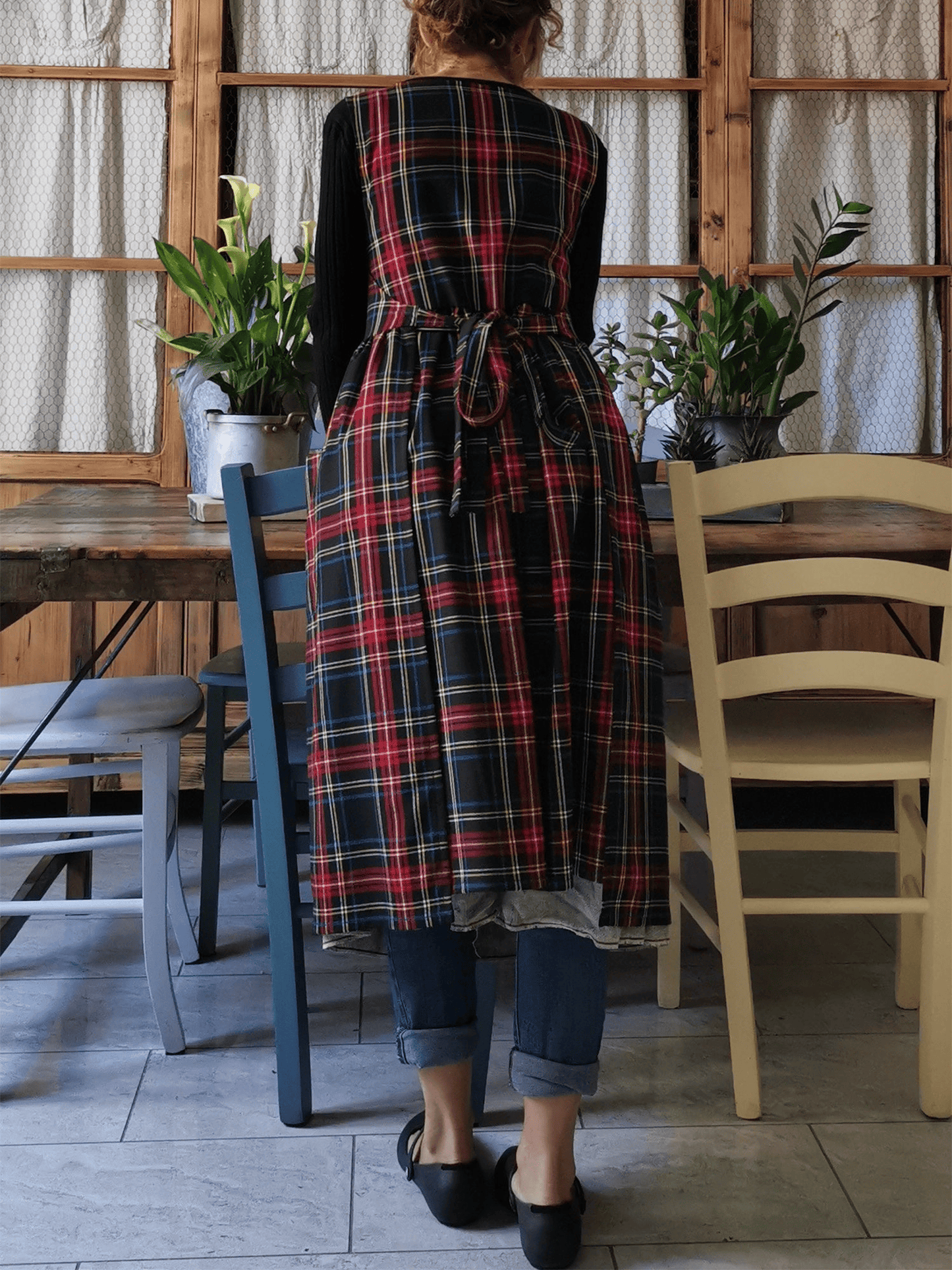 Vintage Black Base Red-Blue-Yellow Plaid Long Apron & Dress (2-in-1)