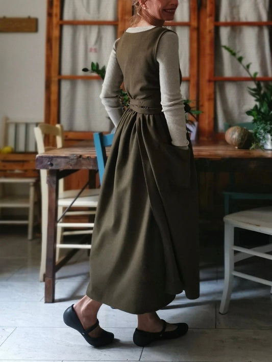 Vintage Dark Green Solid Long Apron & Dress (2-in-1)