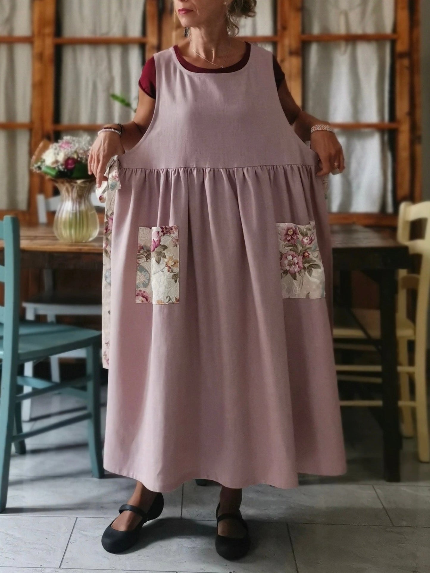 Vintage Light Pink Solid Apron & Dress (2-in-1) with Floral Pocket Patchwork