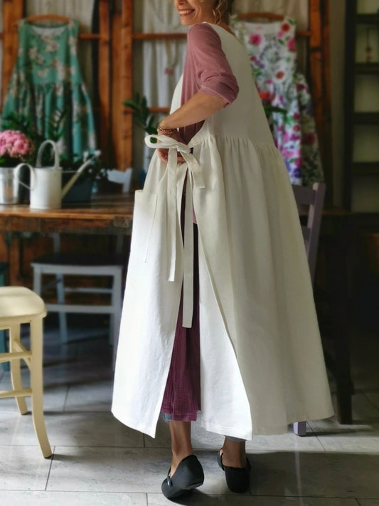 Vintage Off-White Solid Long Apron & Dress (2-in-1)