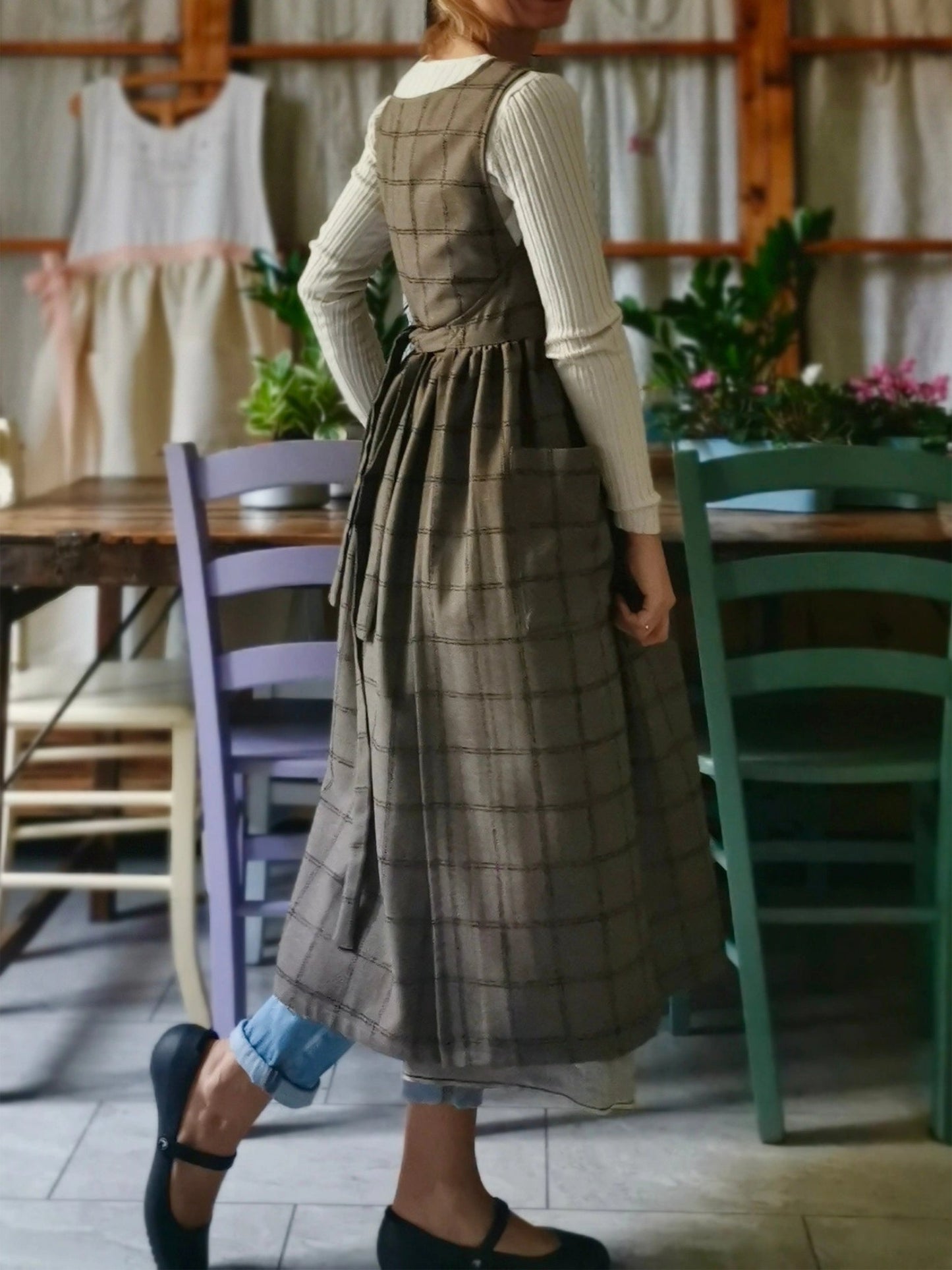 Vintage Brown Tone Plaid Long Apron & Dress (2-in-1)