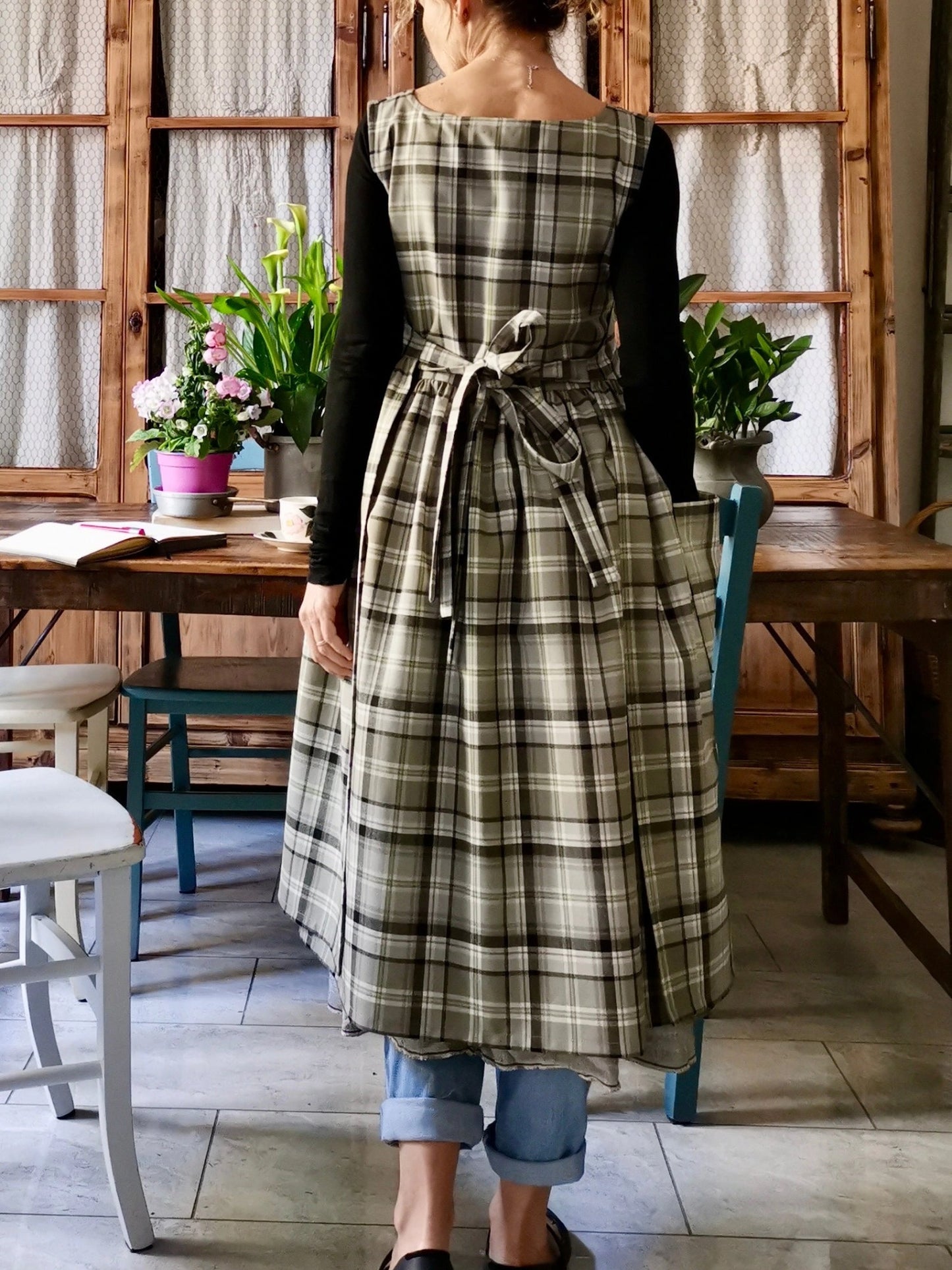 Vintage Light Gray & Green Plaid Long Apron & Dress (2-in-1)
