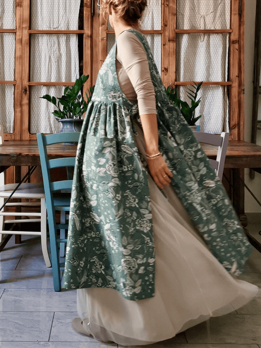 Vintage Grey Green Floral Print Long Apron & Dress (2-in-1) with Pockets