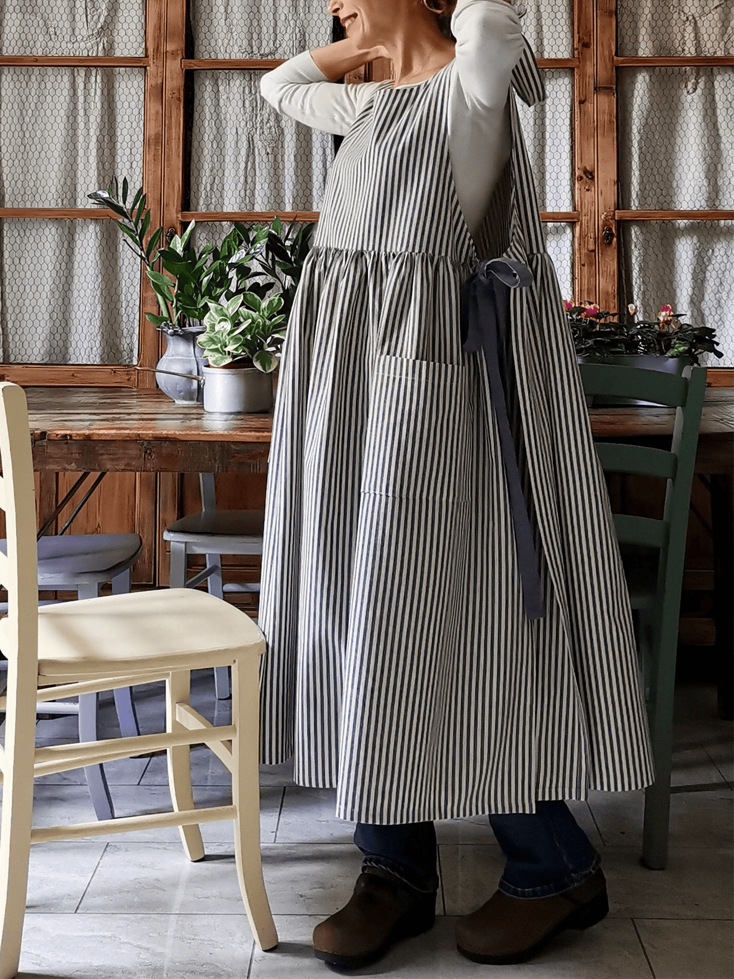 Vintage Dark Blue Thin Stripe Long Apron & Dress (2-in-1)