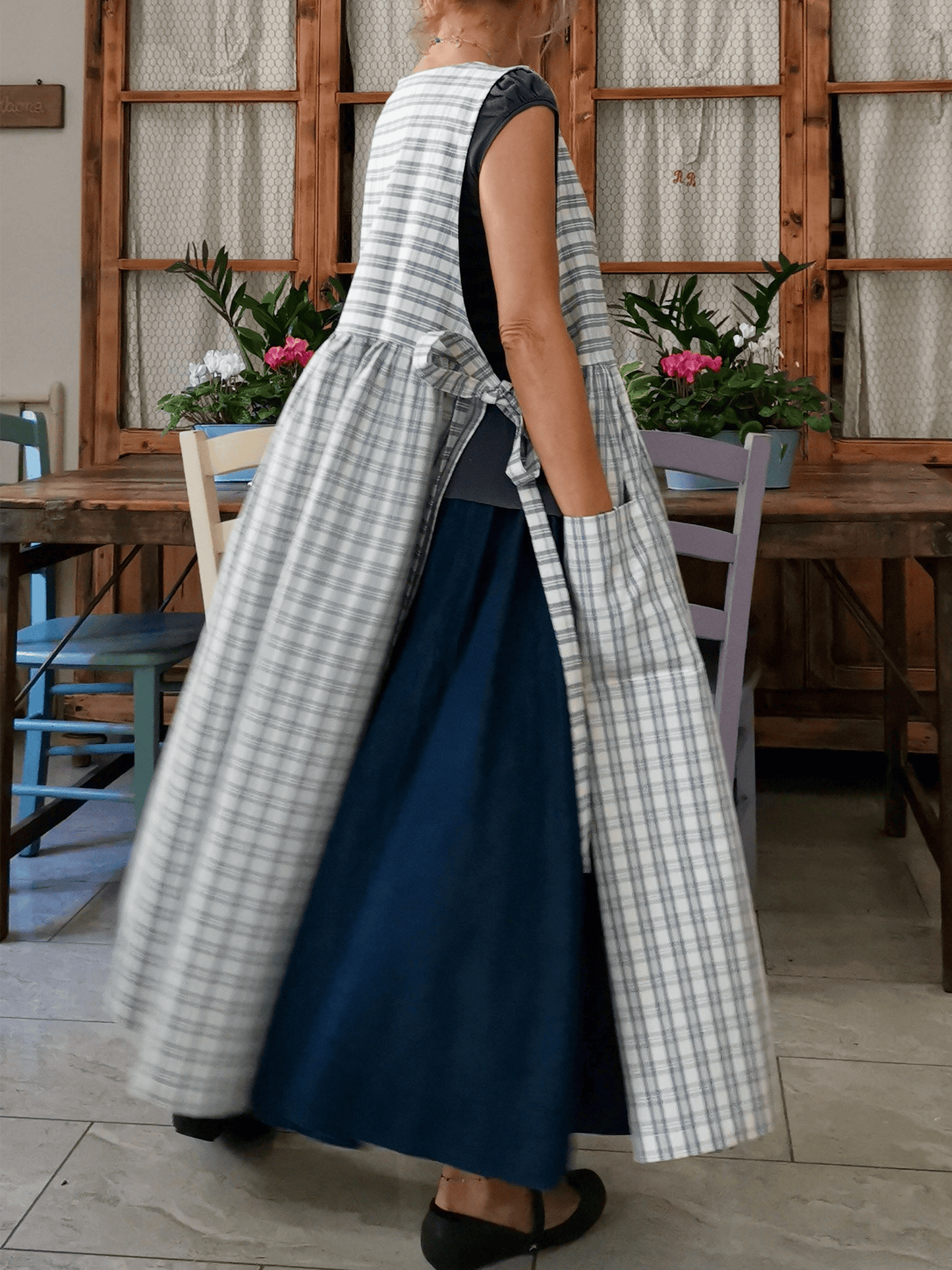 Vintage Light Blue & Cream Thin Plaid Long Apron & Dress (2-in-1)