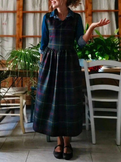 Vintage Navy Blue Base Red & Yellow Thin Plaid Long Apron & Dress (2-in-1)