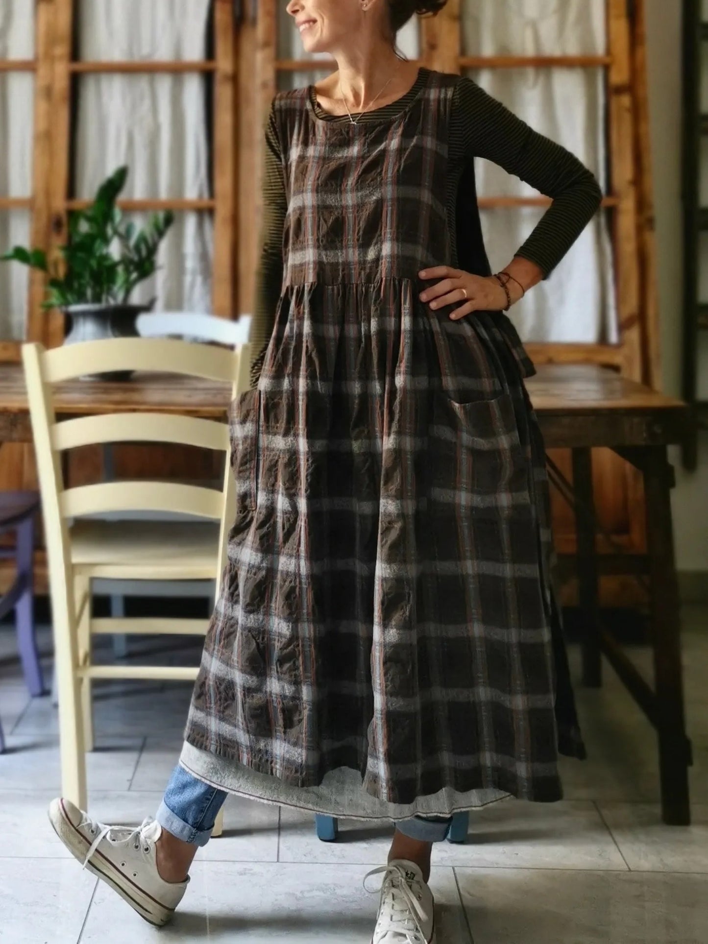 Vintage Dark Brown & Gray Plaid Long Apron & Dress (2-in-1)