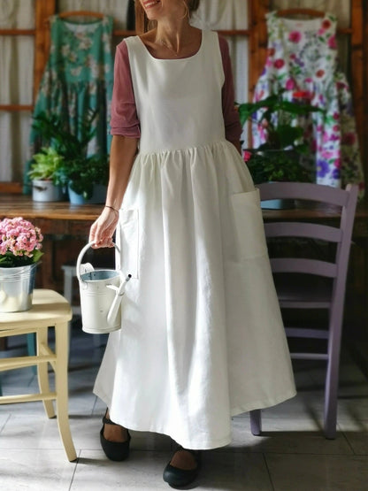 Vintage Off-White Solid Long Apron & Dress (2-in-1)