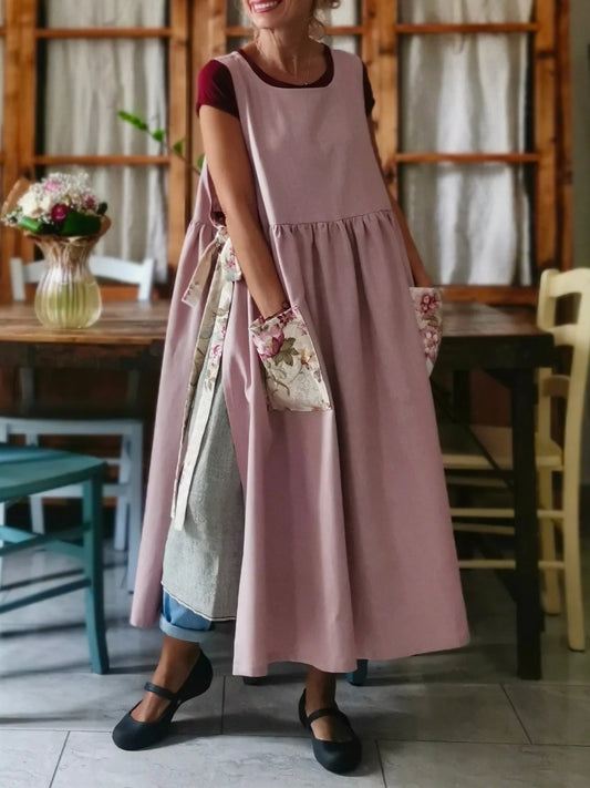 Vintage Light Pink Solid Apron & Dress (2-in-1) with Floral Pocket Patchwork