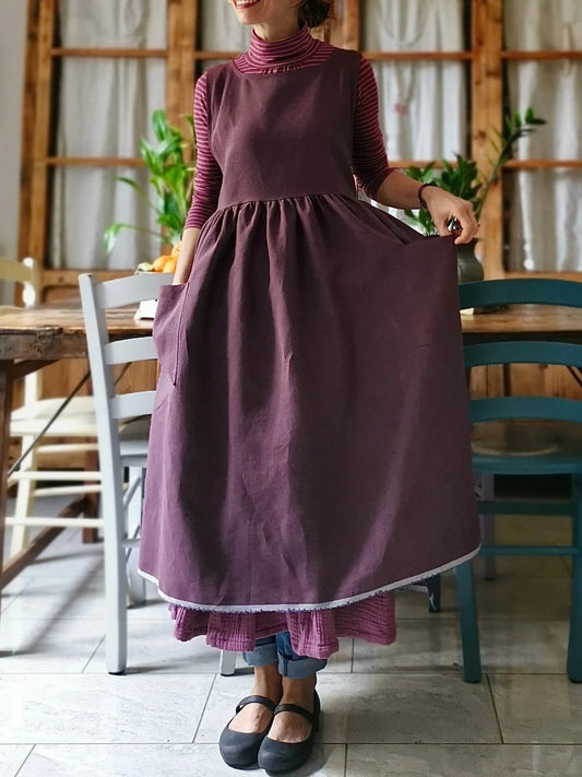Vintage Deep Purple Solid Long Apron & Dress (2-in-1)