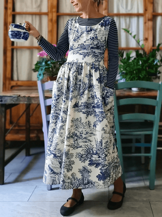 Vintage Blue & White Pastoral Landscape Print Long Apron & Dress (2-in-1)
