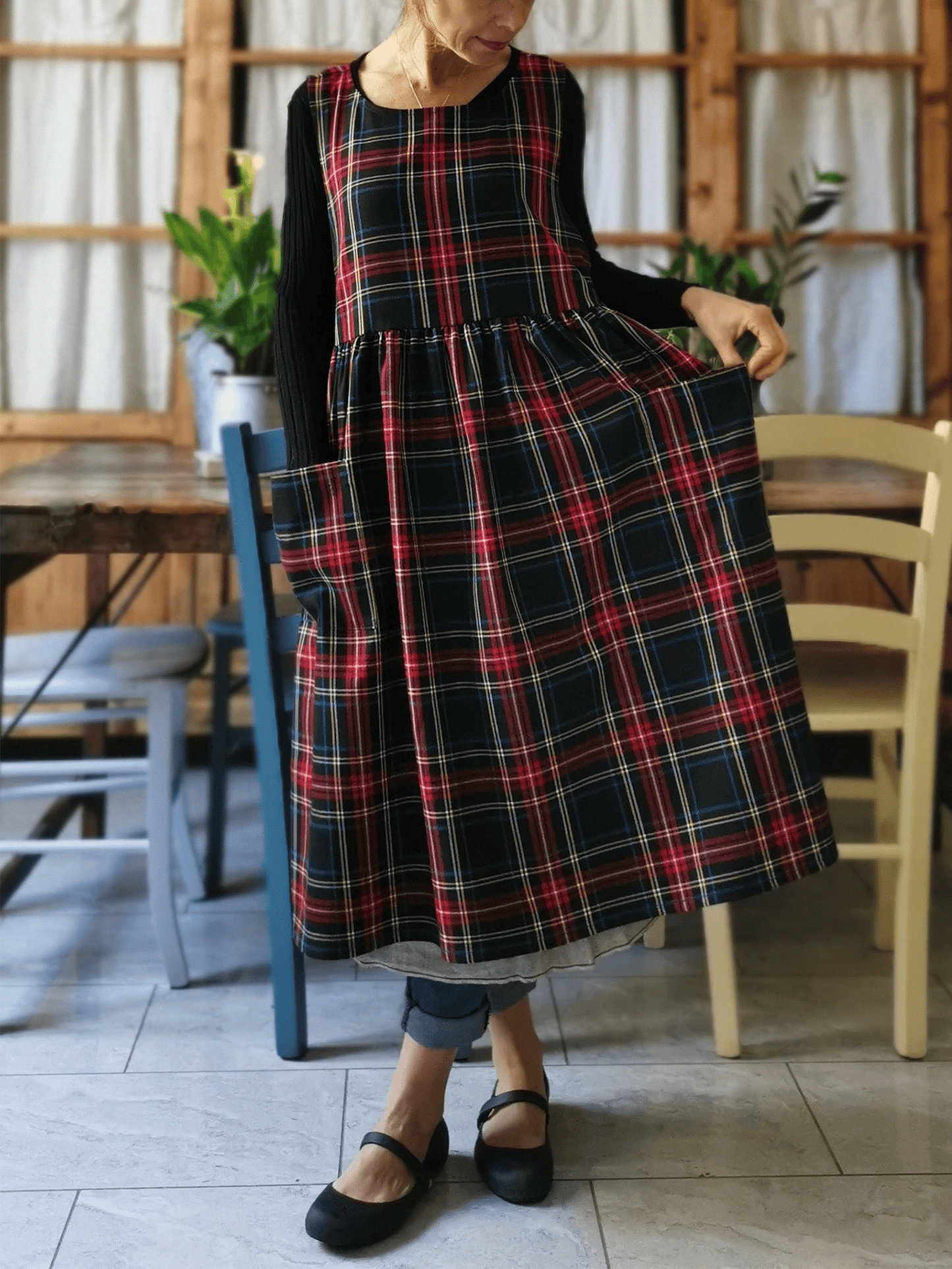 Vintage Black Base Red-Blue-Yellow Plaid Long Apron & Dress (2-in-1)