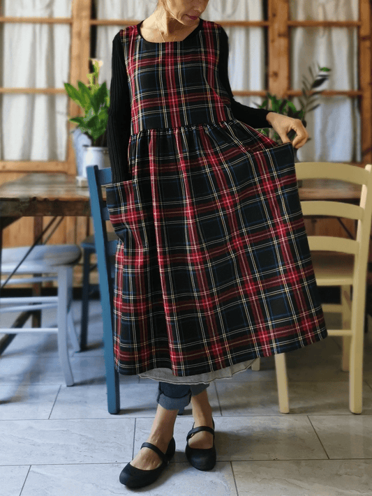 Vintage Black Base Red-Blue-Yellow Plaid Long Apron & Dress (2-in-1)