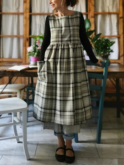 Vintage Light Gray & Green Plaid Long Apron & Dress (2-in-1)