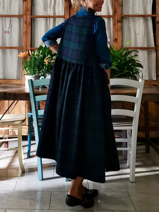 Vintage Deep Dark Green & Blue Plaid Long Apron & Dress (2-in-1)