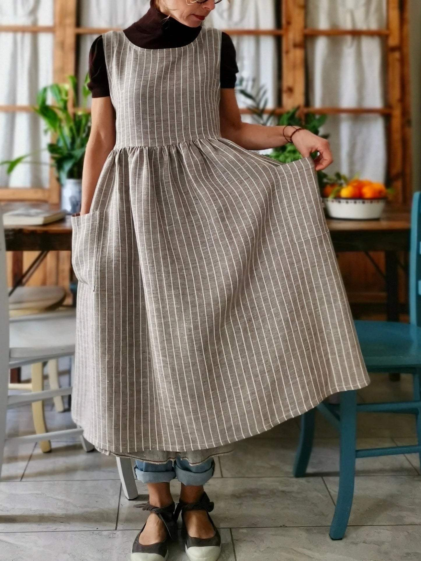 Vintage Light Brown Thin Vertical Stripe Long Apron & Dress (2-in-1)