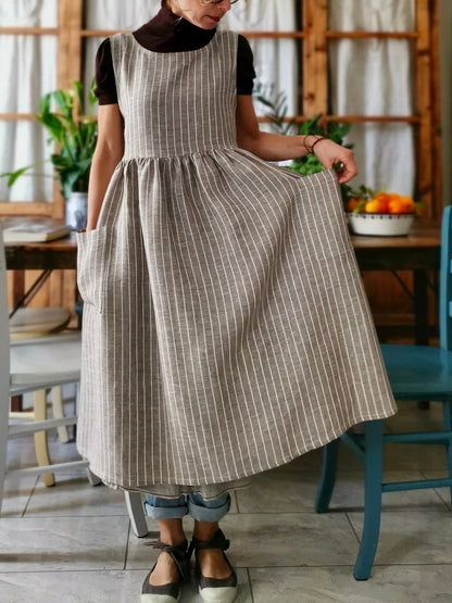 Vintage Light Brown Thin Vertical Stripe Long Apron & Dress (2-in-1)