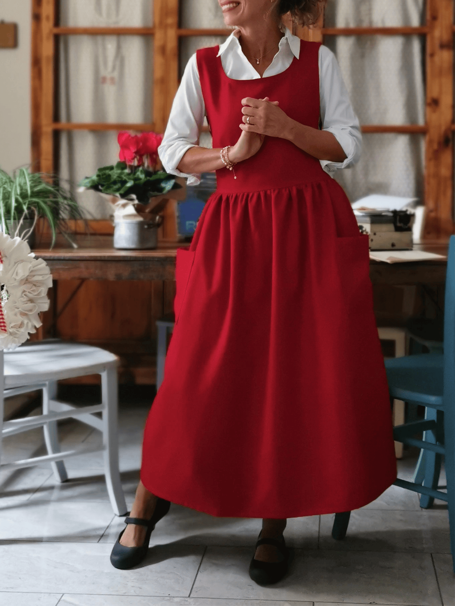 Vintage Red Apron & Dress (2-in-1) with Pockets