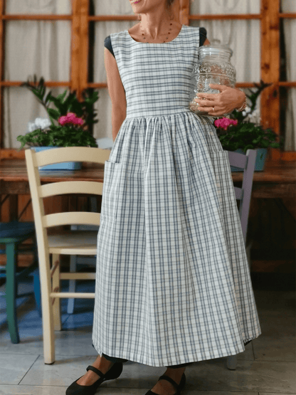 Vintage Light Blue & Cream Thin Plaid Long Apron & Dress (2-in-1)