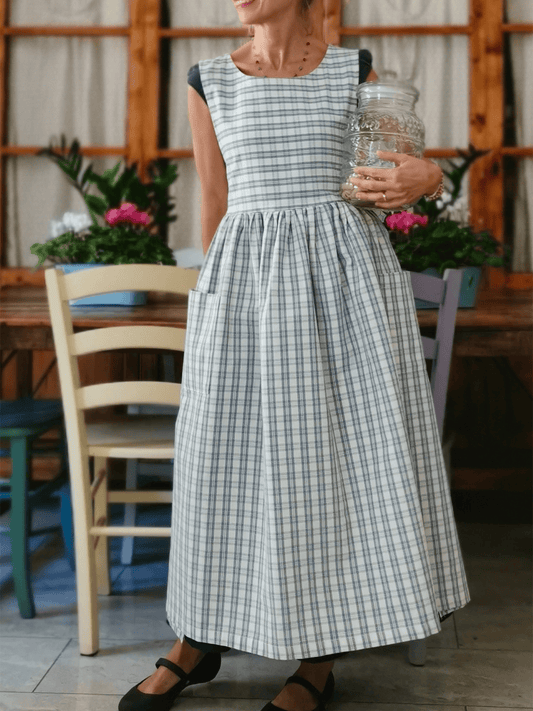 Vintage Light Blue & Cream Thin Plaid Long Apron & Dress (2-in-1)