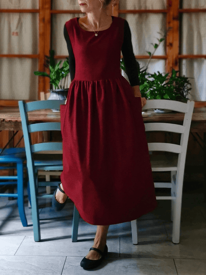 Vintage Burgundy Solid Long Apron & Dress (2-in-1)