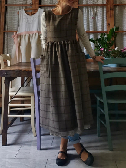 Vintage Brown Tone Plaid Long Apron & Dress (2-in-1)