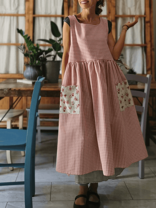 Vintage Pink & White Plaid Long Apron & Dress (2-in-1) with Floral Pockets