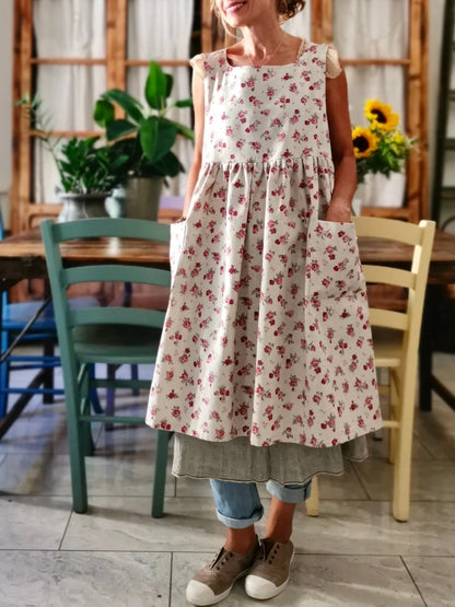 Vintage Beige Base Pink Floral Print Long Apron & Dress (2-in-1)