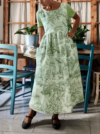 Vintage Light Green Base Pastoral Figure & Plant Print Long Apron & Dress (2-in-1)