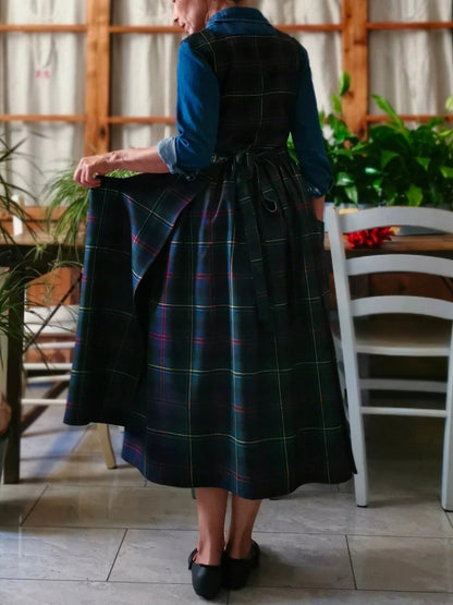 Vintage Navy Blue Base Red & Yellow Thin Plaid Long Apron & Dress (2-in-1)