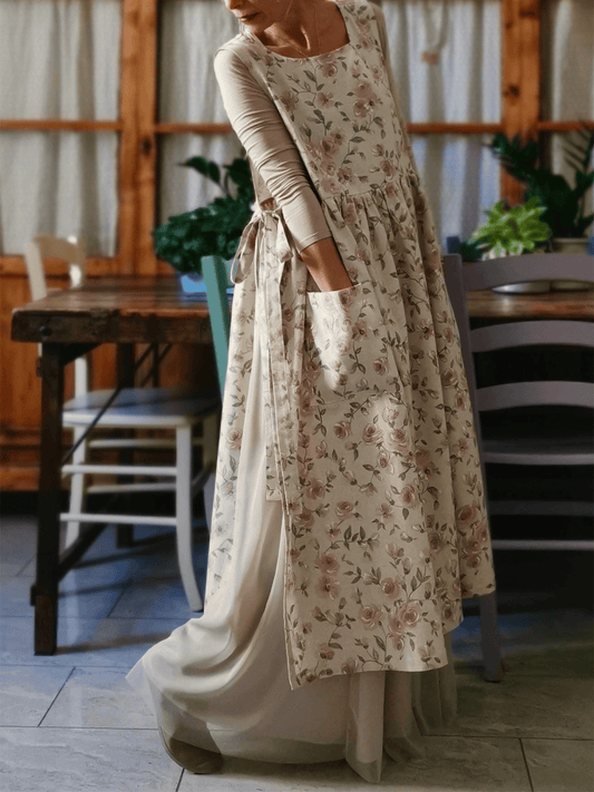 Vintage Light Beige Base Pale Pink Rose Print Long Apron & Dress (2-in-1)