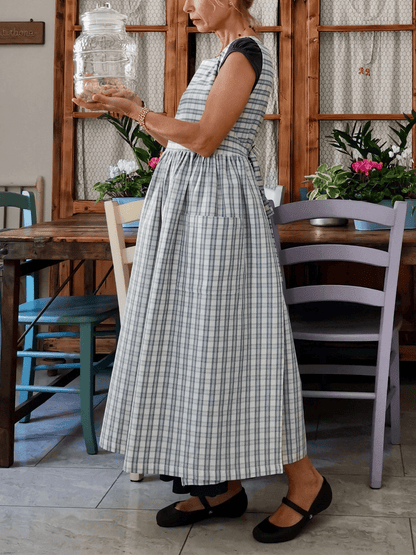 Vintage Light Blue & Cream Thin Plaid Long Apron & Dress (2-in-1)