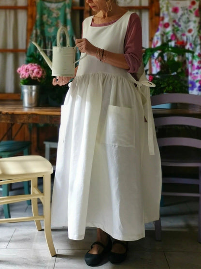Vintage Off-White Solid Long Apron & Dress (2-in-1)