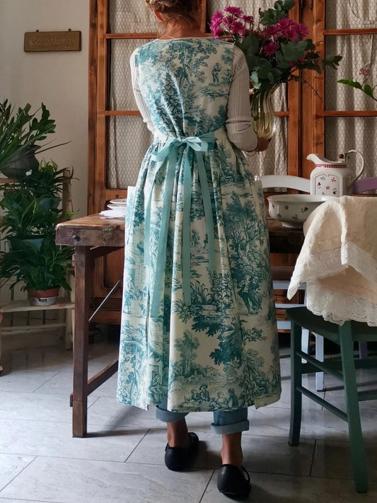 Vintage Teal Base Pastoral Landscape Print Long Apron & Dress (2-in-1)