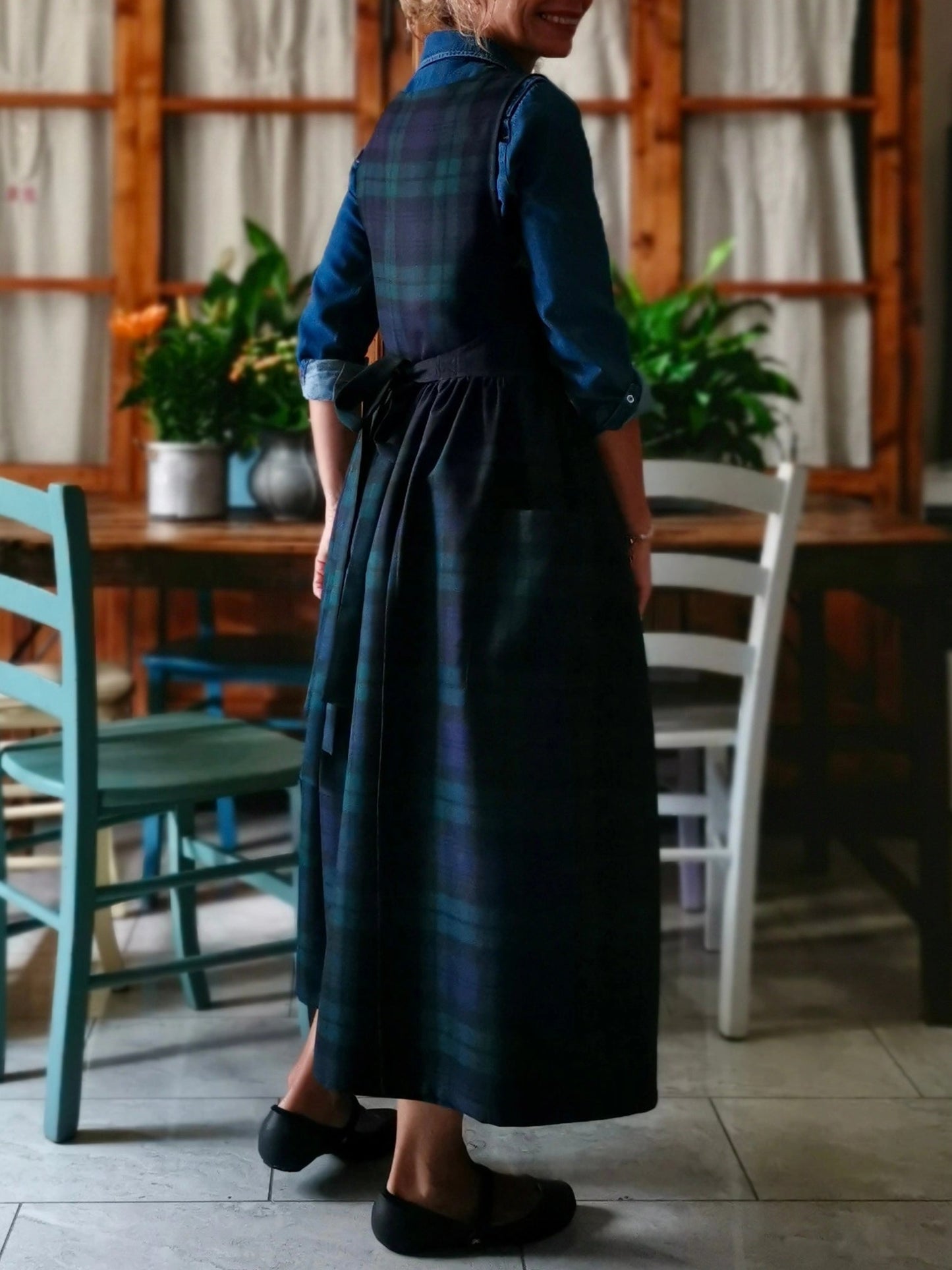 Vintage Deep Dark Green & Blue Plaid Long Apron & Dress (2-in-1)