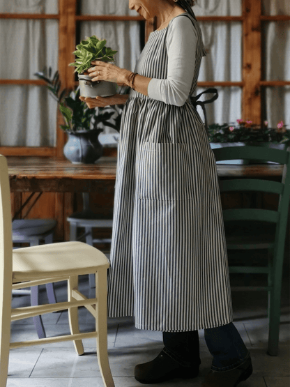 Vintage Dark Blue Thin Stripe Long Apron & Dress (2-in-1)