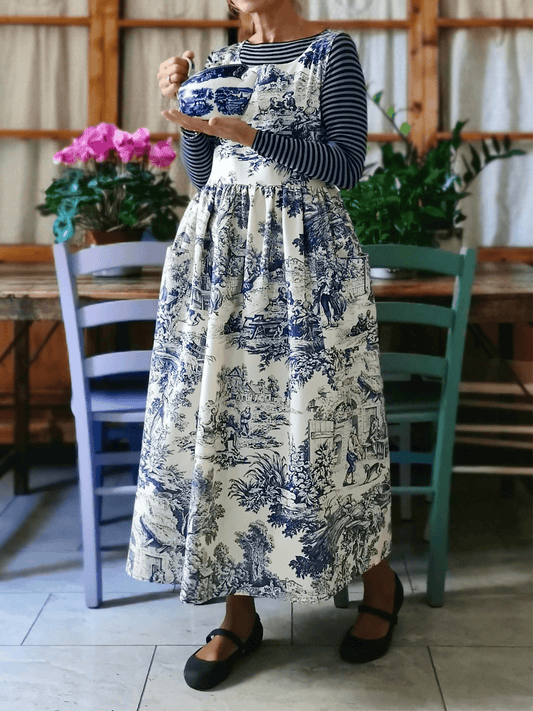 Vintage Blue & White Pastoral Landscape Print Long Apron & Dress (2-in-1)