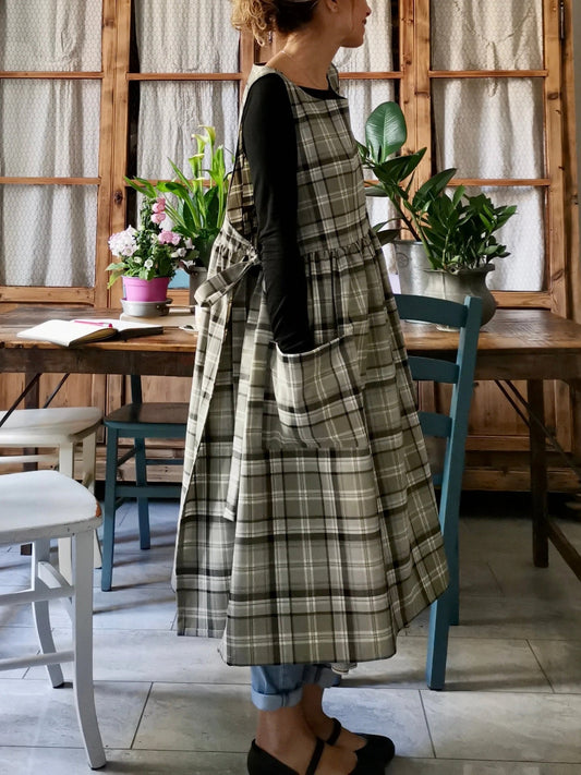 Vintage Light Gray & Green Plaid Long Apron & Dress (2-in-1)