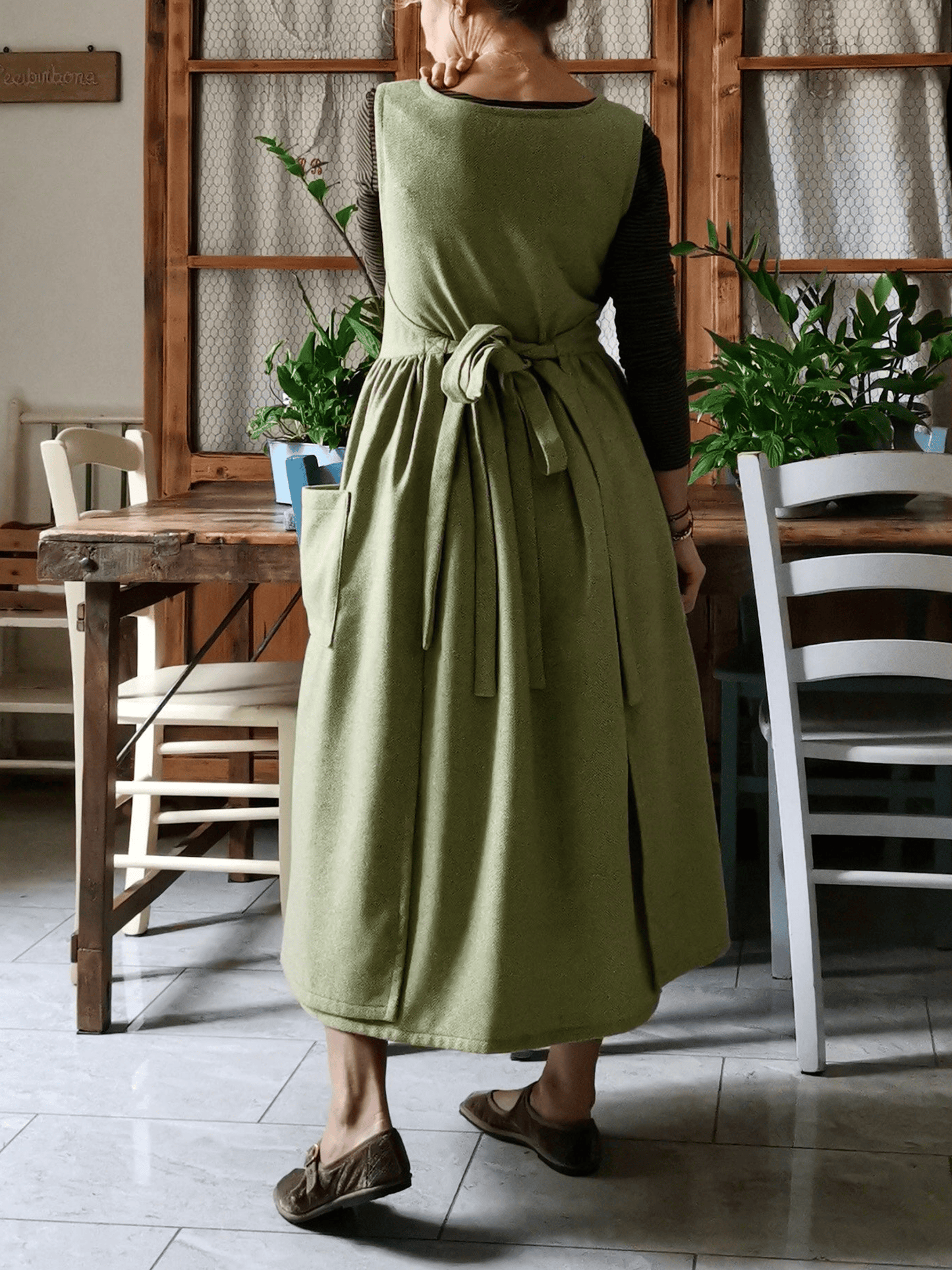 Vintage Olive Green Solid Long Apron & Dress (2-in-1)