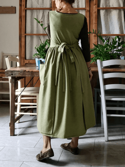 Vintage Olive Green Solid Long Apron & Dress (2-in-1)