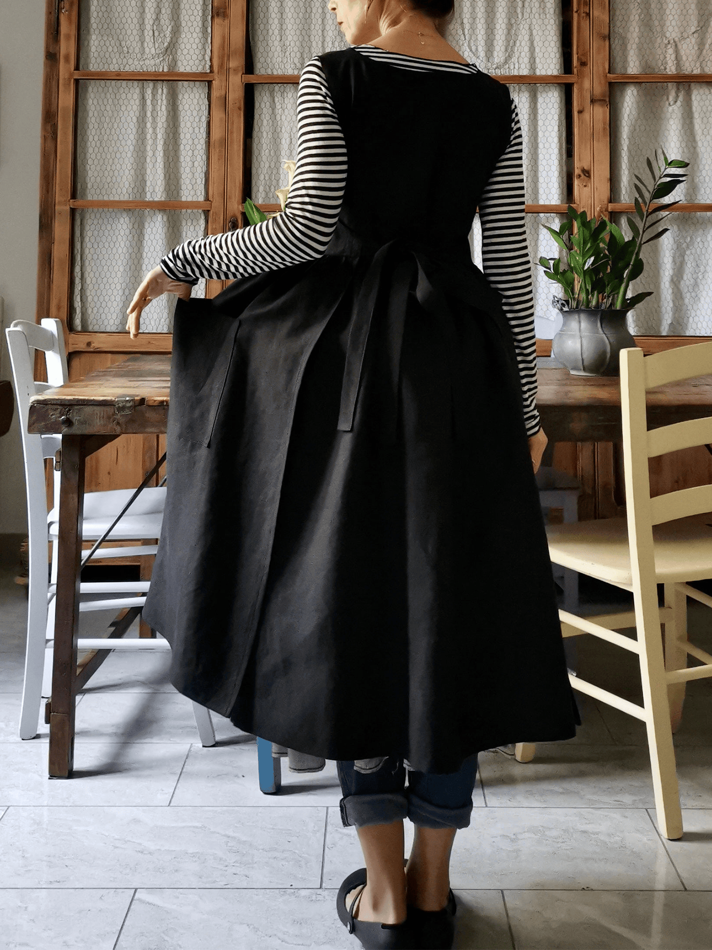 Vintage Solid Black Long Minimalist Apron & Dress (2-in-1)