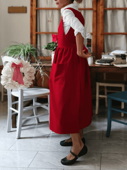 Vintage Red Apron & Dress (2-in-1) with Pockets