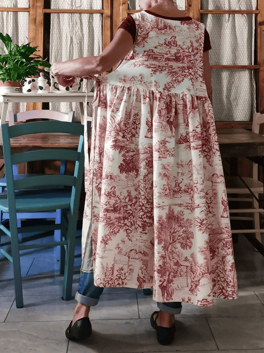 Vintage Crimson Pastoral Figure Print Long Apron & Dress (2-in-1)
