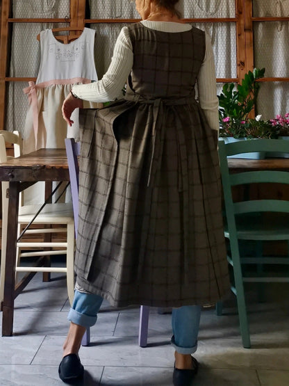 Vintage Brown Tone Plaid Long Apron & Dress (2-in-1)
