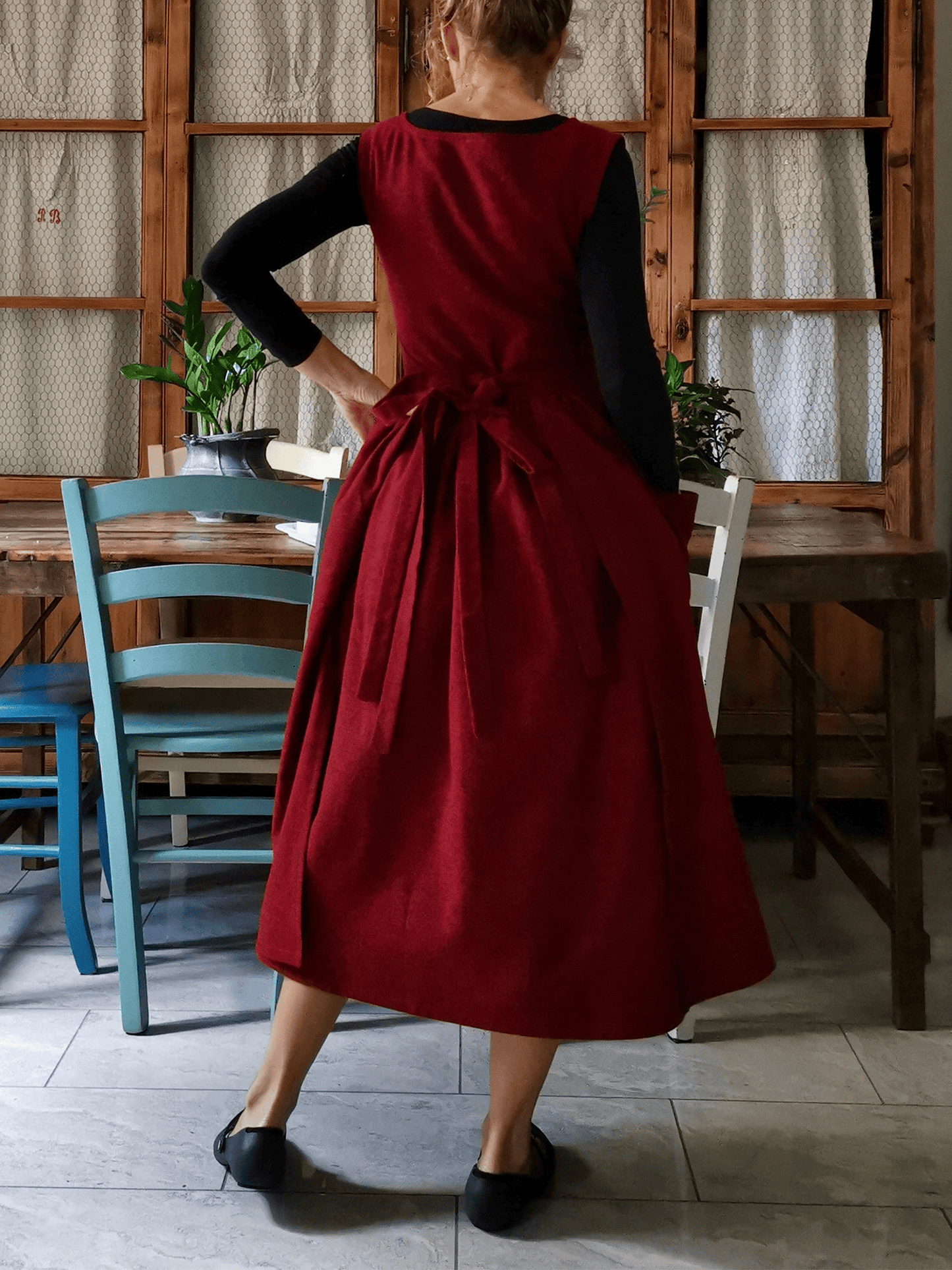 Vintage Burgundy Solid Long Apron & Dress (2-in-1)