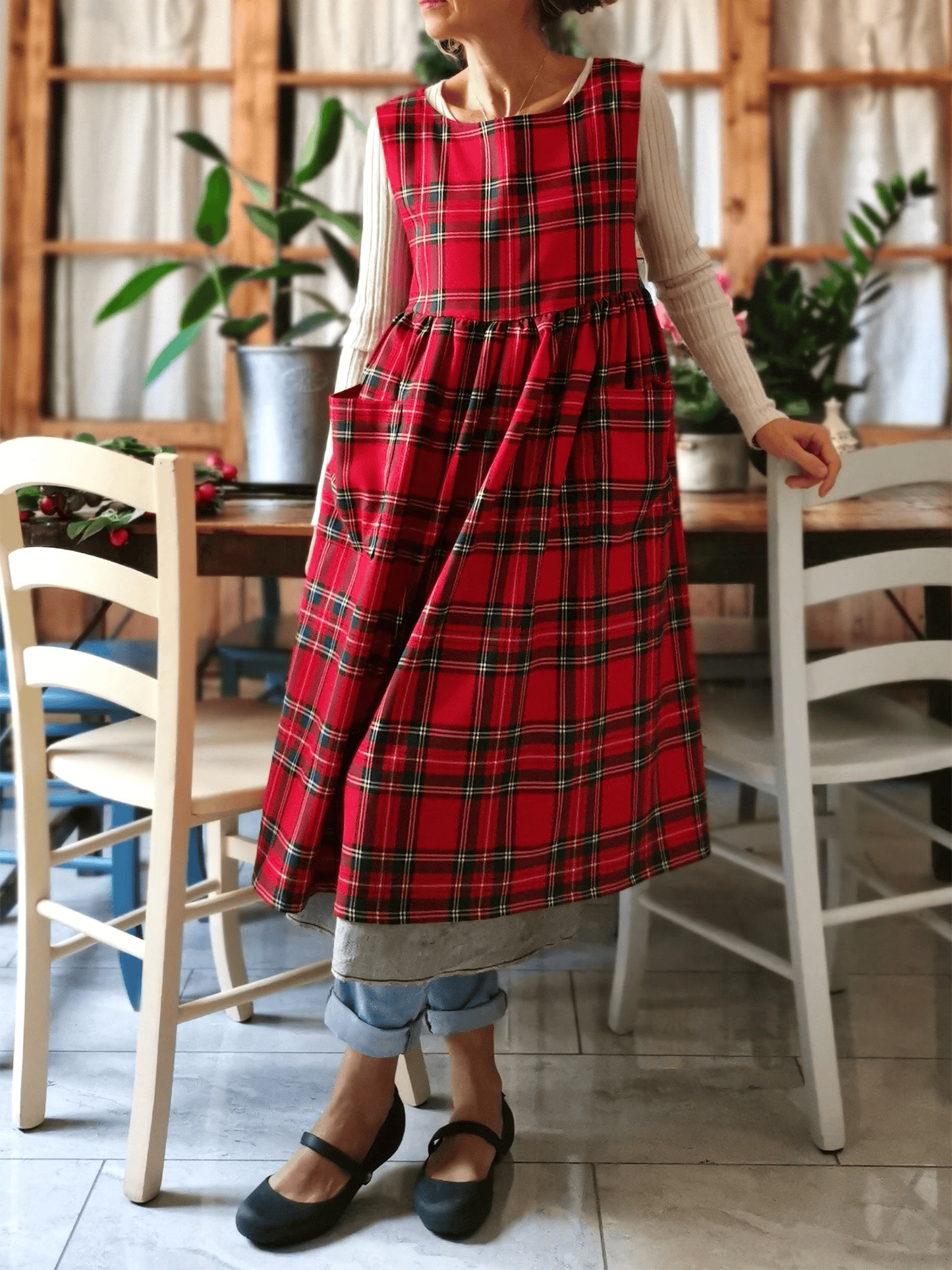 Vintage Red & Black Plaid Long Apron & Dress (2-in-1)